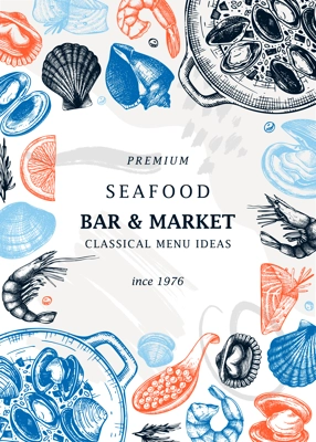 Hand-drawn seafood and fish trendy menu template. Hand sketched cooked sea food illustrations. Collage with shellfish hand-drawing. Mollusks and shrimps card or banner design in sketched style. 